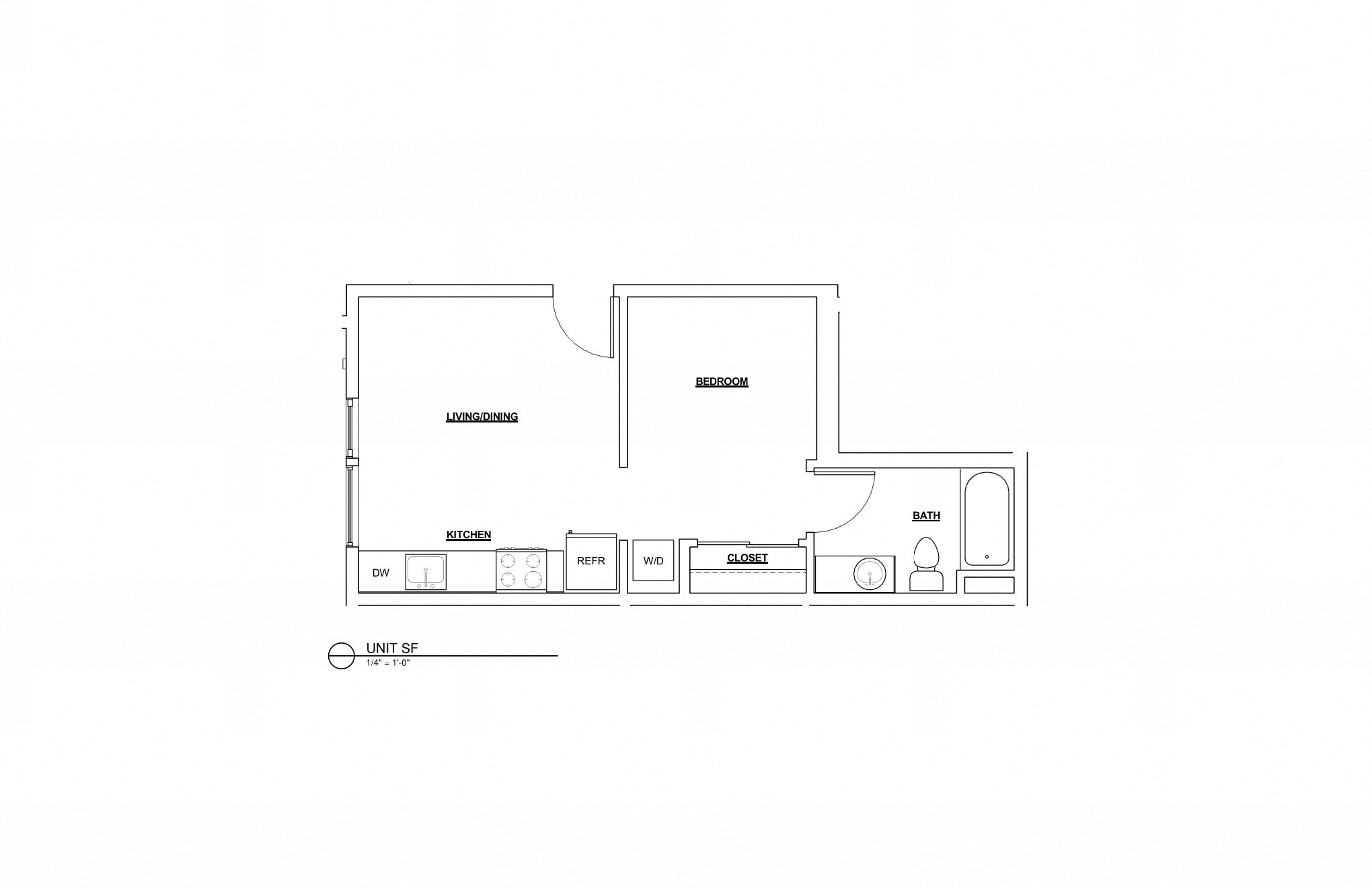 Floor plan for 1 bed, 1 bath, 439 sqft